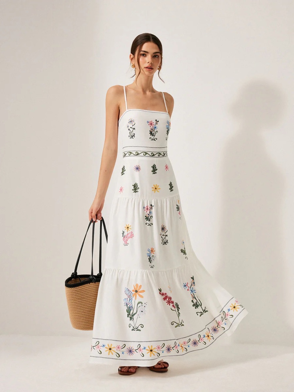 Commense White Maxi Dress with Multicolor Floral Print